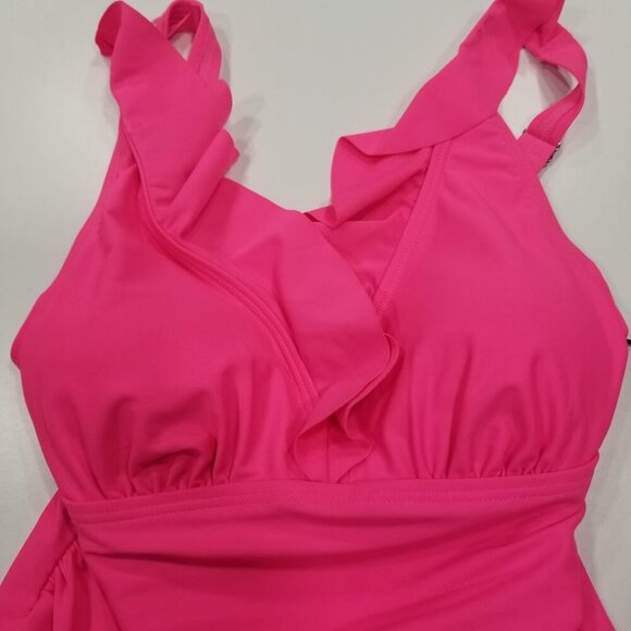 DKNY Ruffle Plunge Underwire Tummy Control One-Piece Swimsuit Neon Pink - Picture 7 of 11